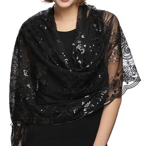 BLACK - Mesh Sequin Metallic Shawl Scarf w Fringe